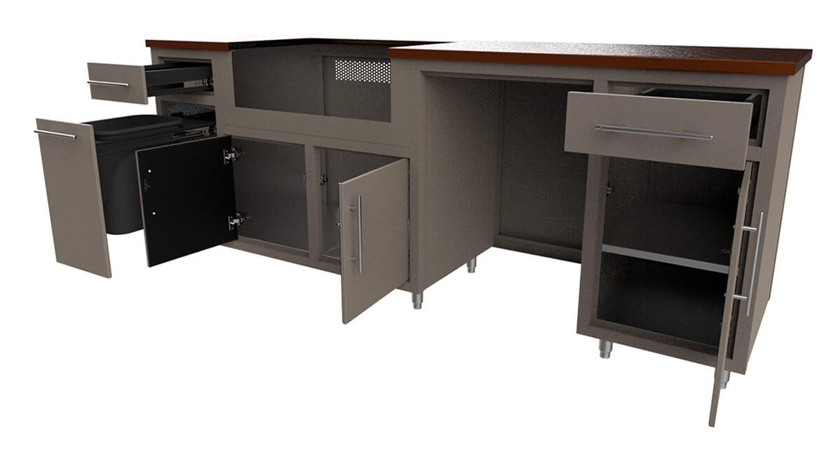 Outdoor-Aluminum-Kitchen-Cabinet-Custom-Layout-90.125-wgrdd-open drawers