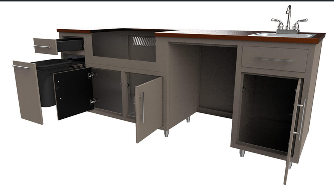 Outdoor-Aluminum-Kitchen-Cabinet-Custom-Layout-90.125-wgrs-open drawers