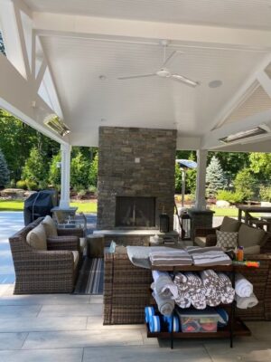 modern outdoor fireplace in a pavilion