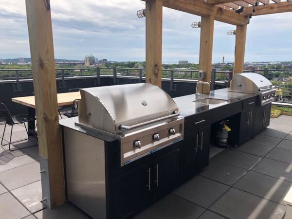Outdoor kitchen cabinets on a rooftop