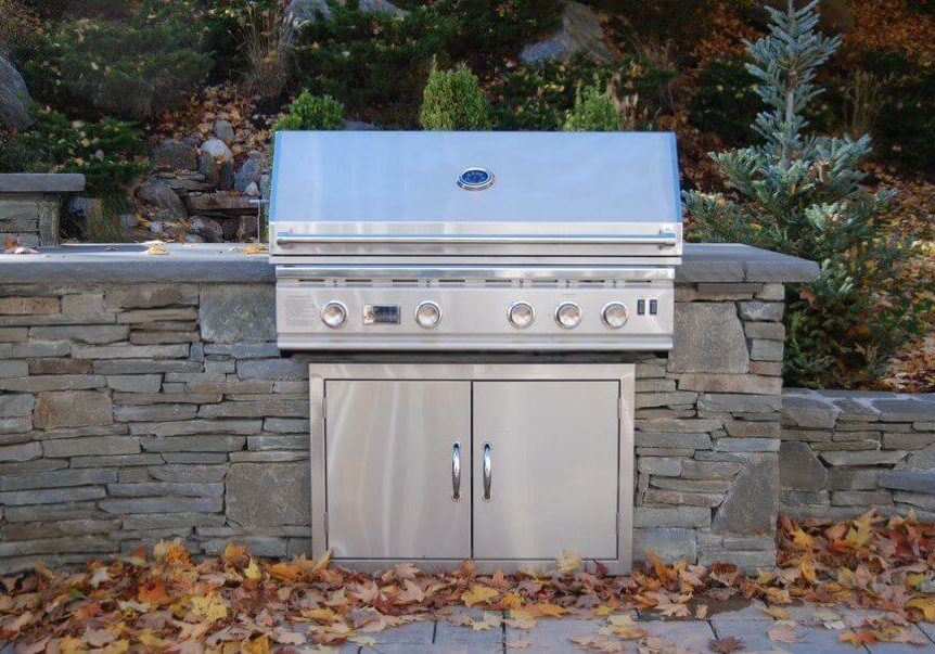 Masonry outdoor kitchen stainless steel cabinets and grill