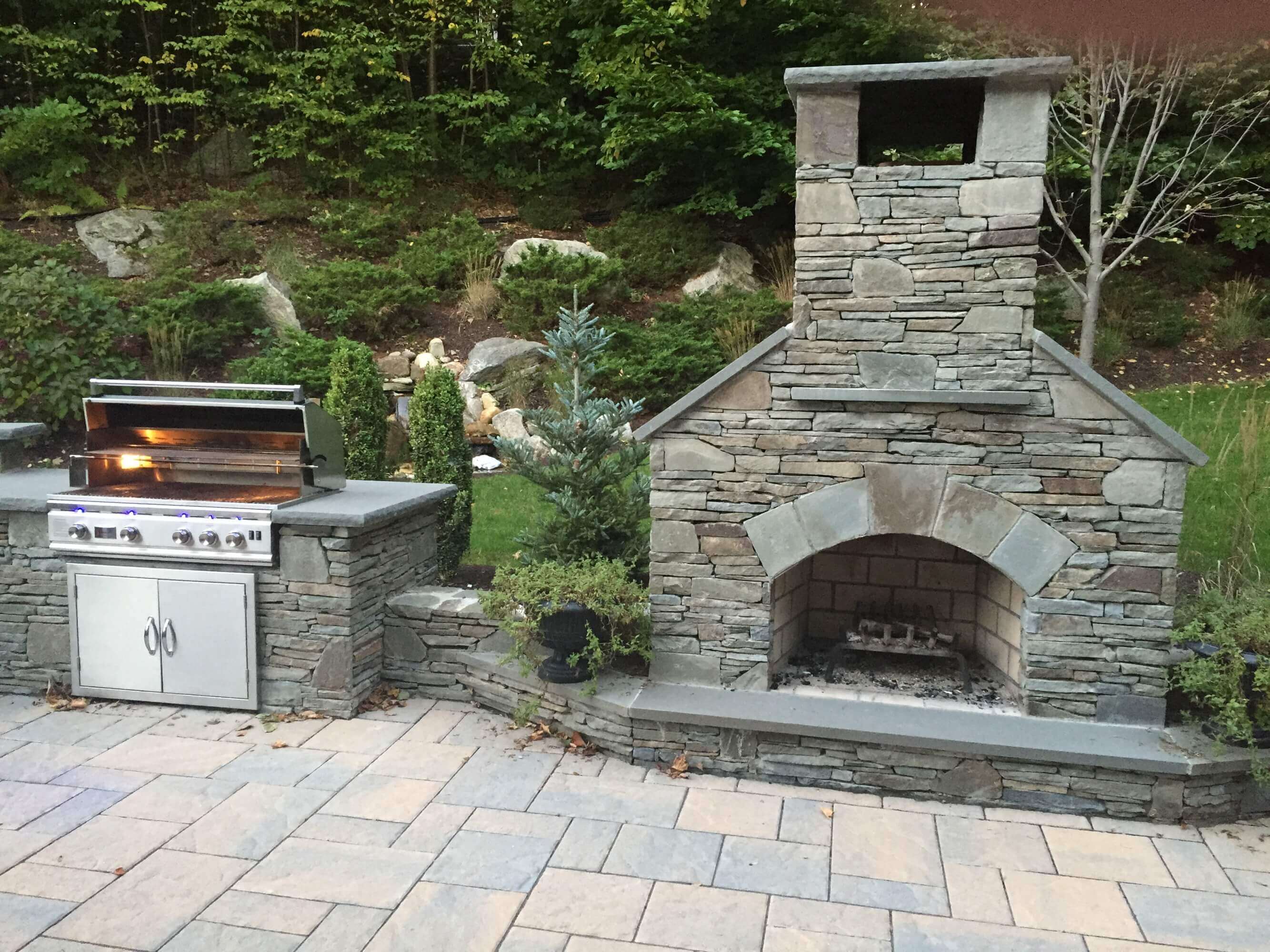 outdoor fireplace kit, outdoor fireplace, stainless steel grill, outdoor fire feature